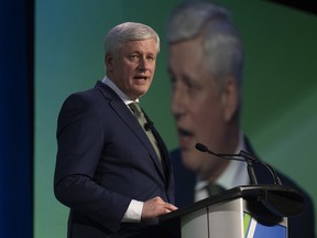 Former prime minister Stephen Harper delivers a speech at a the Canada Strong and Free Networking conference, Wednesday, March 22, 2023 in Ottawa.
