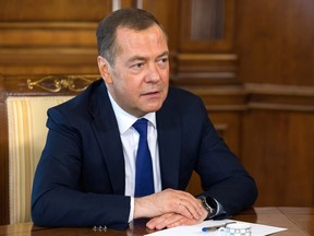 Dmitry Medvedev, deputy head of Russia's Security Council, speaks to the Russian media on Thursday.