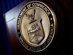 The seal of the Department of Commerce is seen, before Commerce Secretary Wilbur Ross holds a news conference to make an announcement, after a background conference call with Commerce, Justice Department and Treasury Department officials at the Department of Commerce in Washington, U.S., March 7, 2017.