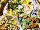 Clockwise from top:  lemony spaghetti squash with burrata and herbs, lamb loin chops over minty pistachio butter, and butter beans in salsa verde. PHOTOS BY SUECH AND BECK