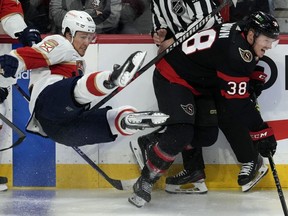 Ottawa Senators centre Patrick Brown (38) skates past a falling Florida Panthers defenceman Brandon Montour (62) during second period NHL action on Monday, March 27, 2023 in Ottawa.