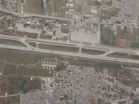 This satellite image from Planet Labs PBC shows damage on the runway of Aleppo International Airport after a suspected Israeli strike there in Aleppo, Syria, Tuesday, March 7, 2023. A suspected Israeli airstrike targeting Aleppo International Airport again tore multiple craters on its runway, satellite images analyzed by The Associated Press showed Thursday, March 9, 2023. A United Nations official separately has criticized the attack for hindering earthquake relief for the hard-hit, war-torn nation.