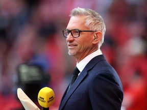 TV pundit and former England captain Gary Lineker is seen inside the stadium before the FA Cup semi-final between Manchester City and Liverpool.
