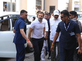 India's opposition Congress party leader Rahul Gandhi arrives at a court in Surat, India, Thursday, March 23, 2023. The court found Gandhi guilty of defamation over his remarks about Prime Minister Narendra Modi's surname and sentenced him to two years in prison. He won't go to jail immediately as the court granted bail for 30 days to file an appeal against the verdict. (AP Photo)