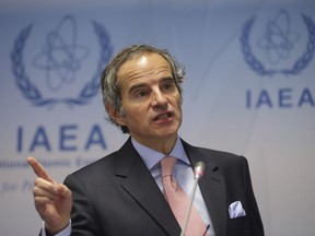 FILE --International Atomic Energy Agency (IAEA) Director General, Rafael Grossi, addresses a news conference during an IAEA Board of Governors meeting in Vienna, Austria, Monday, Feb. 6, 2023. The head of the International Atomic Energy Agency is set for another four-year term at the helm of the United Nations' nuclear watchdog as it grapples with monitoring Iran's nuclear activities and tries to shore up the safety of power plants in Ukraine.