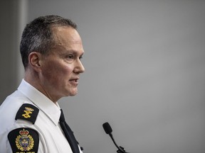Deputy Chief Devin Laforce speaks about the details of the shooting that killed two police officers during a press conference in Edmonton, Friday, March 17, 2023. Edmonton police say a 16-year-old boy who shot and killed two officers on March 16 had been apprehended in November under the Mental Health Act and taken to hospital for assessment.