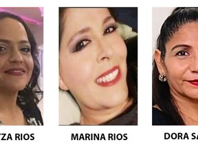 In these undated photos provided by the Penitas Police Department, from left are sisters Maritza Rios, 47, and Marina Rios, 48, and their friend, Dora Saenz, 53. On Friday, March 10, 2023, authorities said the three women haven't been heard from since traveling from Texas into Mexico on Feb. 24 to sell clothes at a flea market. (Courtesy of Penitas Police Department via AP)
