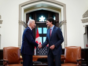 Prime Minister Justin Trudeau and U.S. President Joe Biden take part in a meeting on Parliament Hill, in Ottawa, Friday, March 24, 2023. Republicans and Democrats are doing battle today over what one side calls a "crisis" of illegal immigration at the Canada-U.S. border.