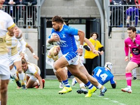 Prop Lolani Faleiva is shown in action for the Toronto Arrows against NOLA Gold, at York Lions Stadium, in Toronto, in an April 16, 2022, handout photo.
