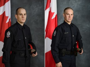 Edmonton Police Const. Travis Jordan, left, and Const. Brett Ryan are seen in a composite image made from two undated handout photos. Jordan, 35, an 8 1/2-year veteran with the Edmonton force, and Ryan, 30, who had been with the service for 5 1/2 years, were shot and killed responding to a domestic violence call.