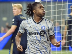 CF Montreal's Chinonso Offor reacts after scoring against the Philadelphia Union during second half MLS soccer action in Montreal, Saturday, March 18, 2023.