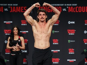 Canadian middleweight Aaron Jeffery is shown at the weigh-in for Bellator 293 in Temecula, Calif. in this Thursday, March 30, 2023 handout photo.
