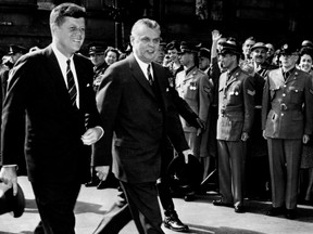 President John F. Kennedy with Prime Minister John Diefenbaker in Ottawa, during his 1961 visit to Canada.  The Canadian Press