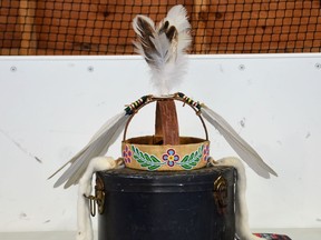 The headdress belonging to Nipissing First Nation chief Scott McLeod is seen in an undated handout photo. Peel Regional Police are asking for the public's help locating a sacred headdress that was inside a First Nation chief's vehicle stolen in Mississauga, Ont.