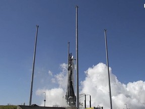 This image from video made available by Relativity Space shows the company's Terran 1 rocket on the launch pad in Cape Canaveral, Fla., on Saturday, March 11, 2023, after a countdown hold. The rocket made almost completely of 3D-printed parts came within a half-second of blasting off Saturday on its debut flight, but remained grounded after back-to-back launch aborts. (Relativity Space via AP)