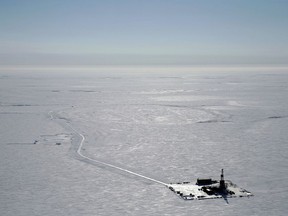 CORRECTS NUMBER OF ACRES TO 16 MILLION NOT 13 MILLION - FILE - This 2019 aerial photo provided by ConocoPhillips shows an exploratory drilling camp at the proposed site of the Willow oil project on Alaska's North Slope. President Joe Biden will prevent or limit oil drilling in 16 million acres of Alaska and the Arctic Ocean, an administration official said on Sunday, March 12, 2023. The expected announcement comes as regulators prepare to announce a final decision on the controversial Willow project. (ConocoPhillips via AP, File)