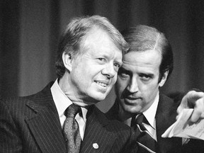 FILE - In this Feb. 20, 1978, file photo, President Jimmy Carter listens to Sen. Joseph R. Biden, D-Del., as they wait to speak at fund raising reception at Padua Academy in Wilmington, Del. President Joe Biden says he plans to deliver the eulogy at the funeral of former President Jimmy Carter, who remains under hospice care at his home in south Georgia.