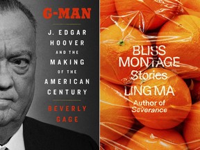 This combination of photos show cover art for "G-Man: J. Edgar Hoover and the Making of the American Century" by Beverly Gage, left, and "Bliss Montage" by Ling Ma, winners of the National Book Critics Circle awards. (Viking via AP, left, and FSG via AP)
