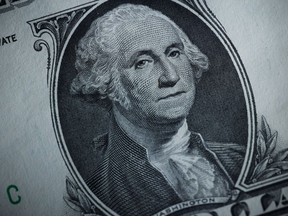 The likeness of George Washington is seen on a U.S. one dollar bill, Monday, March 13, 2023, in Marple Township, Pa.