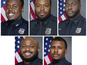 FILE - This combination of images provided by the Memphis, Tenn., Police Department shows, from top row from left, Police Officers Tadarrius Bean, Demetrius Haley, Emmitt Martin III, bottom row from left, Desmond Mills, Jr. and Justin Smith. A seventh Memphis Police Department employee was fired and another retired while he was recommended to lose his job for their roles in the fatal arrest of Tyre Nichols, a 29-year-old motorist who died three days after a brutal police beating in January. (Memphis Police Department via AP, File)