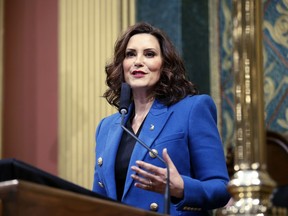 FILE - Michigan Gov. Gretchen Whitmer delivers her State of the State address to a joint session of the House and Senate, Jan. 25, 2023, at the state Capitol in Lansing, Mich. Randall Berka II, a mentally ill Michigan man, is accused of posting various written threats on a YouTube channel, the FBI said in a criminal complaint unsealed Friday, March 10. According to the complaint, Berka said "biden deserves to die," a reference to President Joe Biden, and that he was "more than willing tot kill whitmer," a reference to Whitmer.