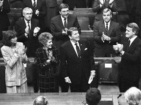 From left, Mila Mulroney, Nancy Reagan, Ronald Reagan and Brian Mulroney in Parliament on April 6, 1987. Gary Hershorn / Reuters files