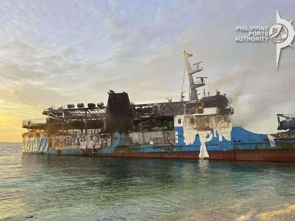 In this handout photo provided by the Philippine Ports Authority Zamboanga, the remains of the MV Lady Mary Joy is seen in Basilan, southern Philippines Thursday March 30, 2023.