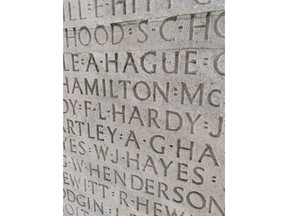 Frederick Lea Hardy's name carved into the Canadian National Vimy Memorial in France, April 2022 is shown in a handout photo.