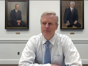 This photo from video shows NCAA president Charlie Baker. Former Massachusetts Gov. Charlie Baker is starting his new job as president of the NCAA this week. Baker says the NCAA needs help from Congress in the form of a federal law to govern NIL. But Baker brings a different way of thinking about regulating NIL. He views the athletes as the consumers in a burgeoning market that lacks transparency and is littered with unqualified and even unscrupulous actors.