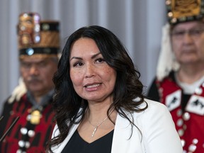 Haisla Nation chief councillor Crystal Smith addresses a press conference announcing that the Cedar LNG project has been given environmental approval in Vancouver, Tuesday March 14, 2023.