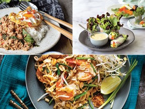 Clockwise from top left: old-school pad gaprao, salad rolls with spicy garlicky dip, and minimalist pad thai recipes from Sabai
