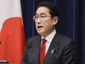 FILE - Japanese Prime Minister Fumio Kishida speaks during a news conference at his official residence in Tokyo on March 17, 2023. Kishida was seen Tuesday, March 21, heading to Kyiv for talks with Ukrainian President Volodymyr Zelenskyy.