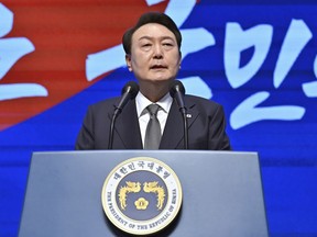 FILE - South Korea's President Yoon Suk Yeol speaks during a ceremony of the 104th anniversary of the March 1 Independence Movement Day against Japanese colonial rule, in Seoul, South Korea, on March 1, 2023. South Korean and Japanese leaders will meet in Tokyo on Thursday, March 16, beginning their first bilateral summit in more than a decade, and hoping to overcome resentments that date back more than 100 years.