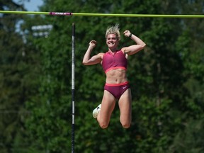 Alysha Newman, of London, Ont., celebrates her winning jump during the women's pole vault final at the Canadian Track and Field Championships in Langley, B.C., on Sunday, June 26, 2022. The London, Ont., native won the World Indoor Tour last Saturday, closing with a 4.78-metre performance in the pole vault.