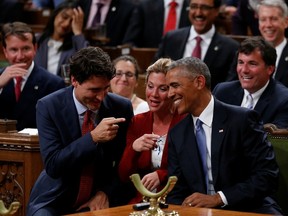 Justin Trudeau, Sophie Gregoire Trudeau and Barack Obama in the House after Obama’s address in 2016. Chris Wattie / Reuters files