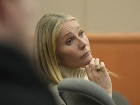Actor Gwyneth Paltrow looks on as she sits in the courtroom on Tuesday, March 21, 2023, in Park City, Utah. Paltrow's trial over a 2016 ski collision began in the Utah ski resort town of Park City, where she is accused of crashing into a skier at Deer Valley Resort. The man suing accuses the actress of skiing out of control leaving him with brain damage and four broken ribs.