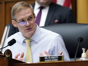 FILE - Chairman Jim Jordan, R-Ohio, left, speaks during a House Judiciary subcommittee hearing on Capitol Hill, Feb. 9, 2023, in Washington.