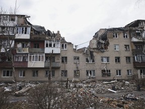 A view of the town of Bakhmut, the site of the heaviest battles with the Russian troops, Donetsk region, Ukraine, Monday, Feb. 27, 2023.
