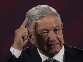 FILE - Mexican President Andres Manuel Lopez Obrador gives his regularly scheduled morning press conference at the National Palace in Mexico City, Feb. 28, 2023.