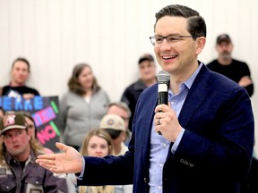 Pierre Poilievre at a 2022 rally in Timmins, Ont. where, as is typical at these types of things, he drew cheers for promising to defund the CBC.