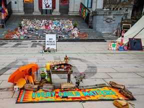 VANCOUVER. BC, Hundreds of pairs of children’s shoes placed in a memorial to the students of B.C.’s residential schools on the steps of the Vancouver Art Gallery.