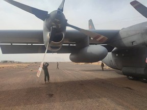 A view of a Turkish transport plain C-130, posted by Sudanese army on social media, that they claim was shot up by RSF, at Wadi Seyidna Airport, Khartoum, Sudan April 28, 2023, in this picture obtained from social media.