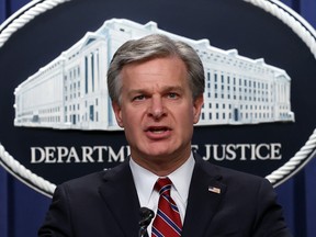 F.B.I. Director Christopher Wray pictured in October. This week, after arrests of alleged Chinese agents in New York City, Wray said "the Chinese government will stop at nothing to lie, steal, and cheat its way to wealth and power."