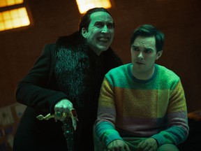 From left, Nicolas Cage as and Nicholas Hoult) as Renfield in the movie Renfield.