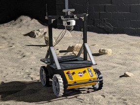 A lunar rover mockup made by Clearpath Robotics tests a deep learning algorithm in the "Moonyard" at the Ottawa offices of Mission Control.