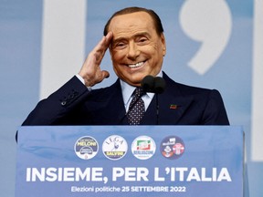 Forza Italia leader Silvio Berlusconi gestures during the closing electoral campaign rally of the centre-right's coalition in Piazza del Popolo, ahead of the September 25 general election, in Rome, Italy, September 22, 2022.