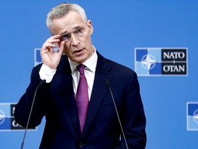 NATO Secretary General Jens Stoltenberg speaks during a press conference at the end of a two-day meeting of North Atlantic Council (NAC) Ministers of Foreign Affairs at the NATO headquarters in Brussels on April 05, 2023.