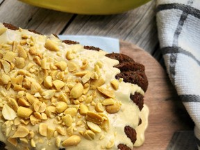 This peanut butter banana bread recipe features mini chocolate chips and spiced pecans.