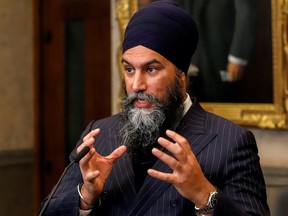 Canada's New Democratic Party leader Jagmeet Singh speaks to the media after the presentation of the 2023-24 budget, outside the House of Commons on Parliament Hill, in Ottawa, Ontario, Canada, March 28, 2023. REUTERS/Patrick Doyle