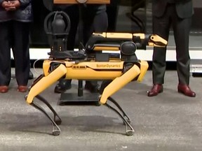 This image taken from video provided by New York City Office of The Mayor shows Digidog during a news conference in Times Square on April 11, 2023.